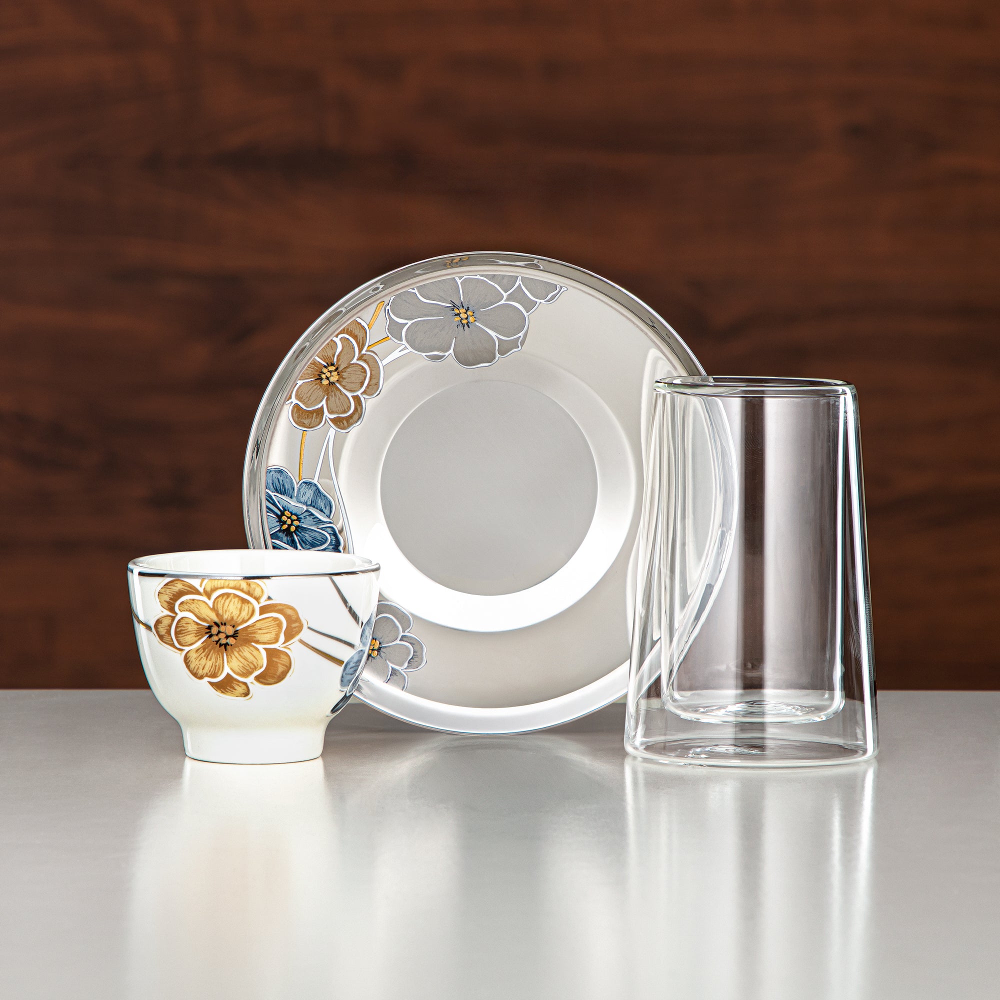 طقم ترامس المرجان 20 قطعة | فضي مطفي وذهبي مطفي 1 لتر + 1 لتر (GOK-S-MS-MG + 18PCS-12256-3) – تقديم أنيق | التجمعات، المناسبات الخاصة، رمضان، عيد