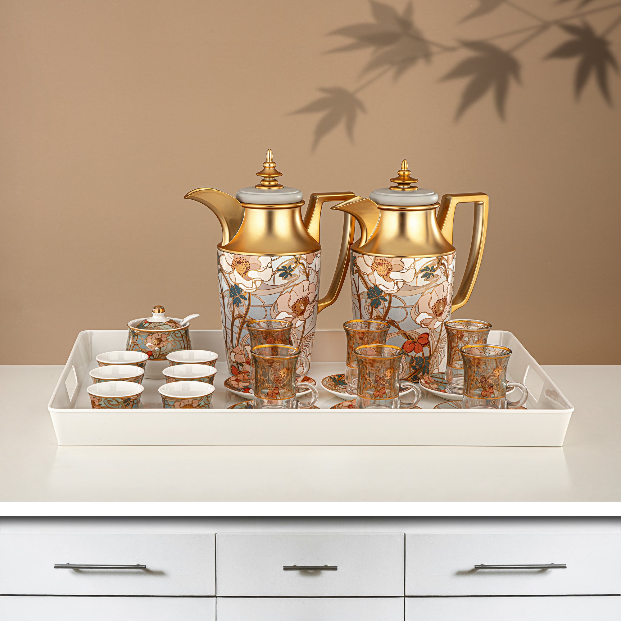 ألمرجان طقم ترامس 24 قطعة، 1 لتر + 1 لتر، مزهر ومذهب غير لامع (24-JBH-TR-AZ02G) - طقم كامل للشاي والقهوة