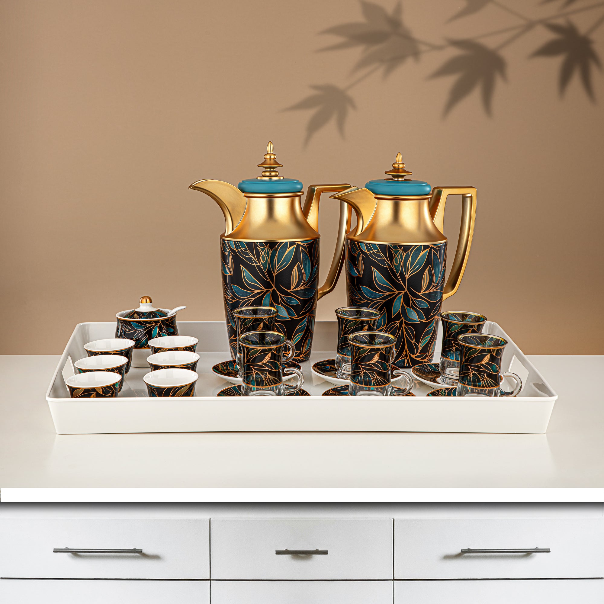 مجموعة طقم ترامس 24 قطعة، 1 لتر + 1 لتر، زهور وذهب مطفي (24-JBH-TR-AZ03G) - مجموعة الشاي والقهوة الكاملة