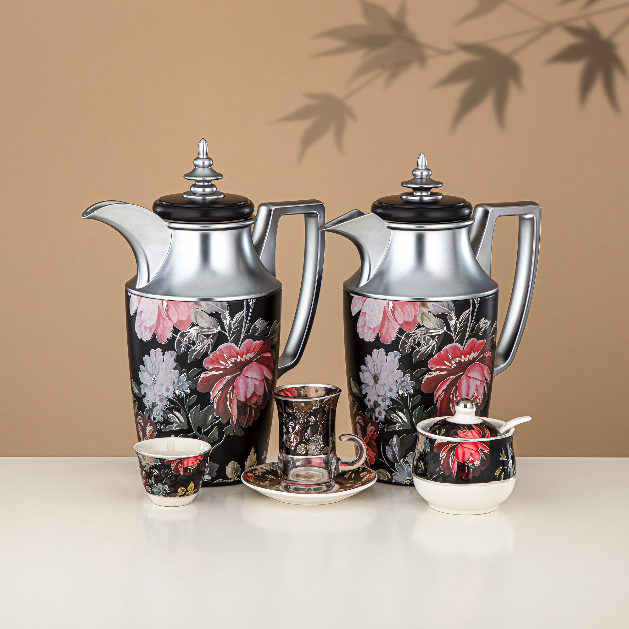 Almarjan Vacuum Flask Set 24 Pieces, 1L + 1L, Floral & Matt Silver (24-JBH-TR-AZ04S) - Tea & Coffee Complete Set