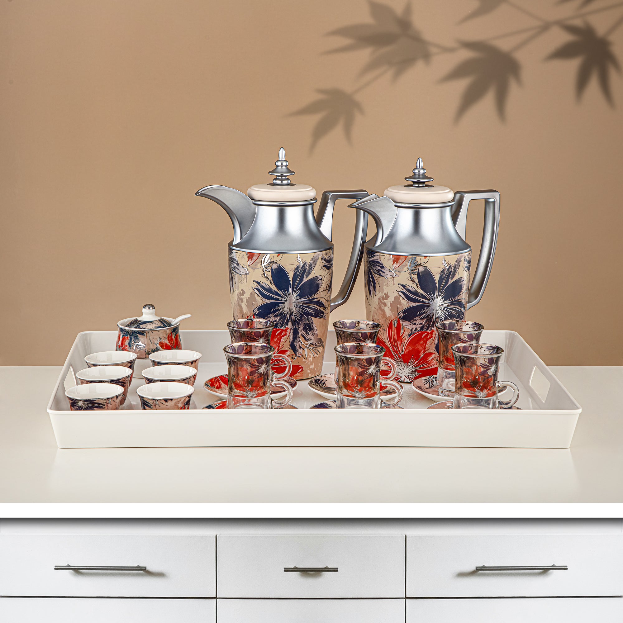 Almarjan Vacuum Flask Set 24 Pieces, 1L + 1L, Floral & Matt Silver (24-JBH-TR-AZ05S) - Tea & Coffee Complete Set