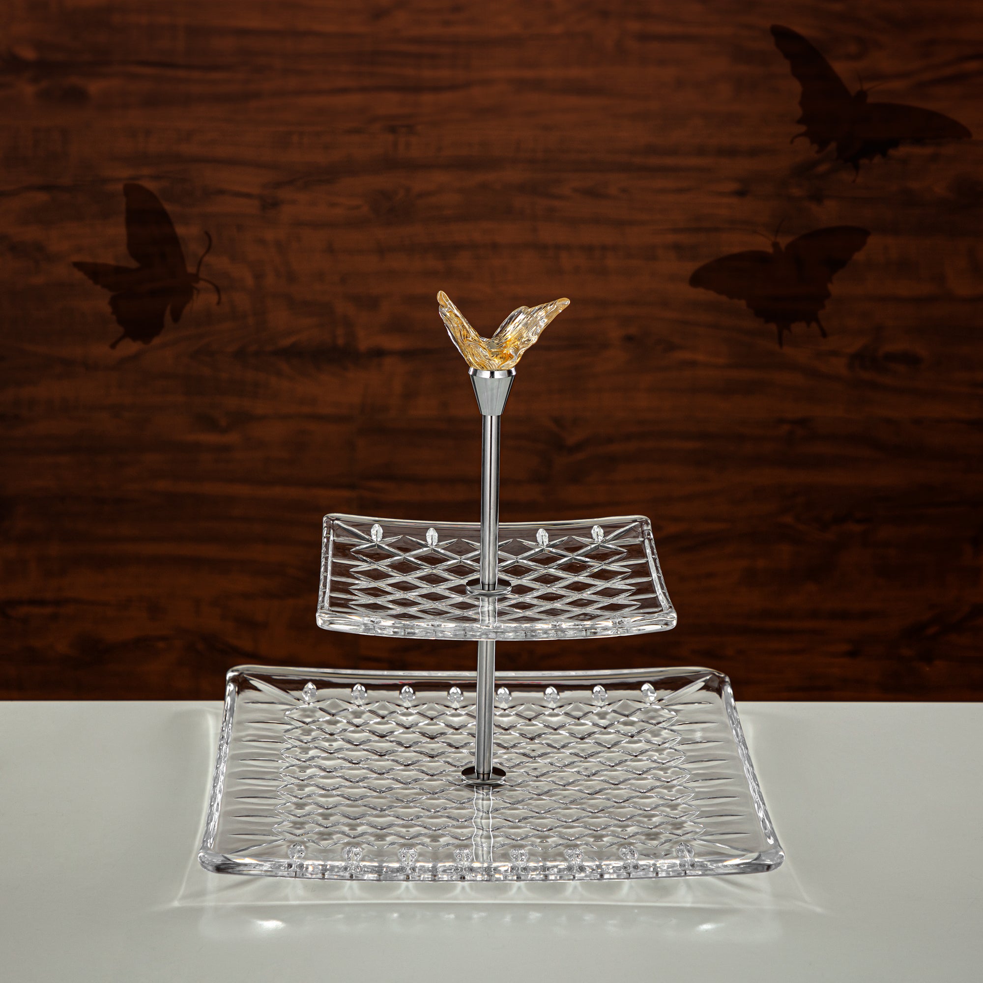 Almarjan Square Sweet Stand Glass Two Tiers Clear & Amber (40816-278/S2-BA) Elegant Hosting Pieces