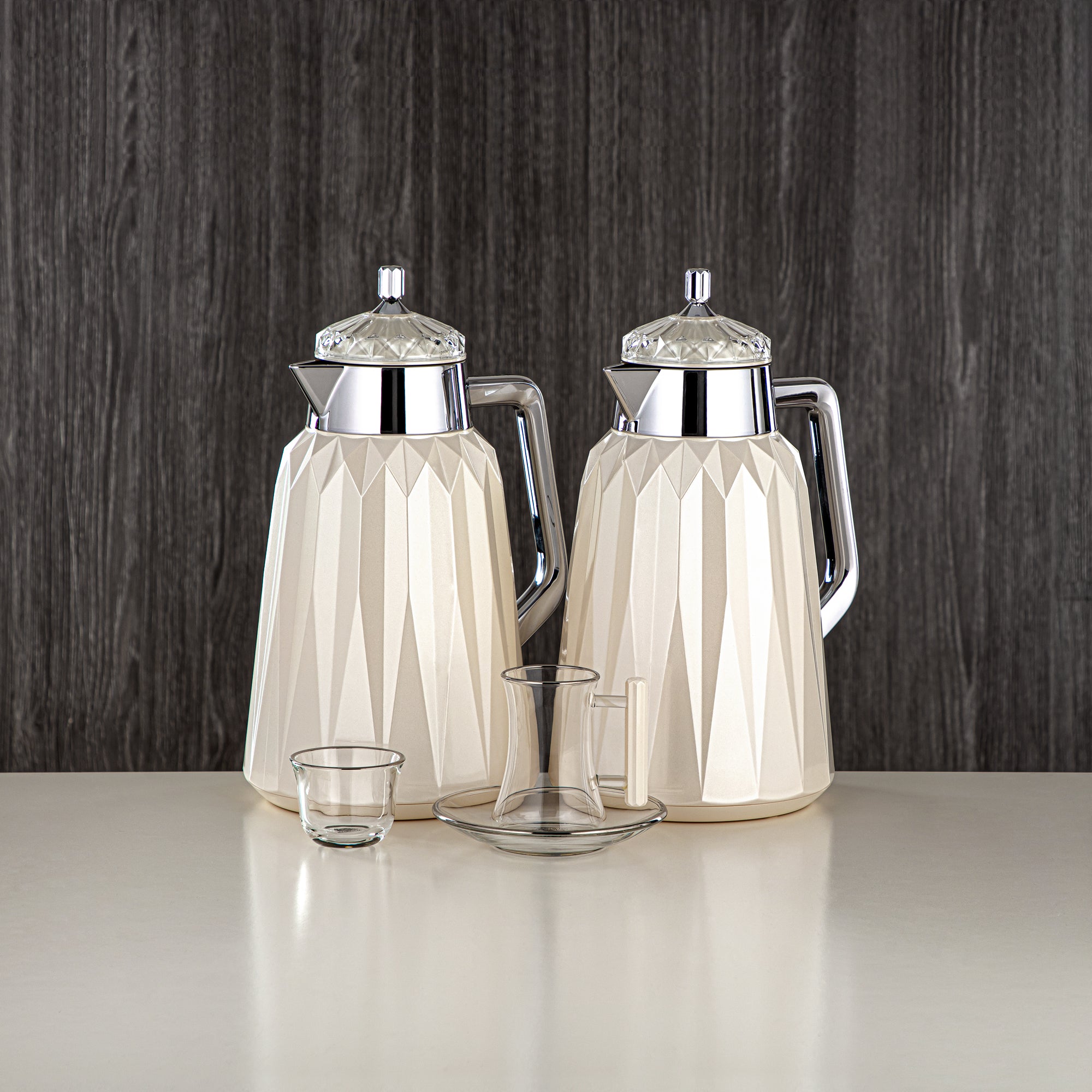 Almarjan Vacuum Flask Set 21 Pieces, Pearl White & Silver, ABS 1L & 1L (FB209-21 PW/C) - Arabic Coffee & Tea, Ramadan & Eid