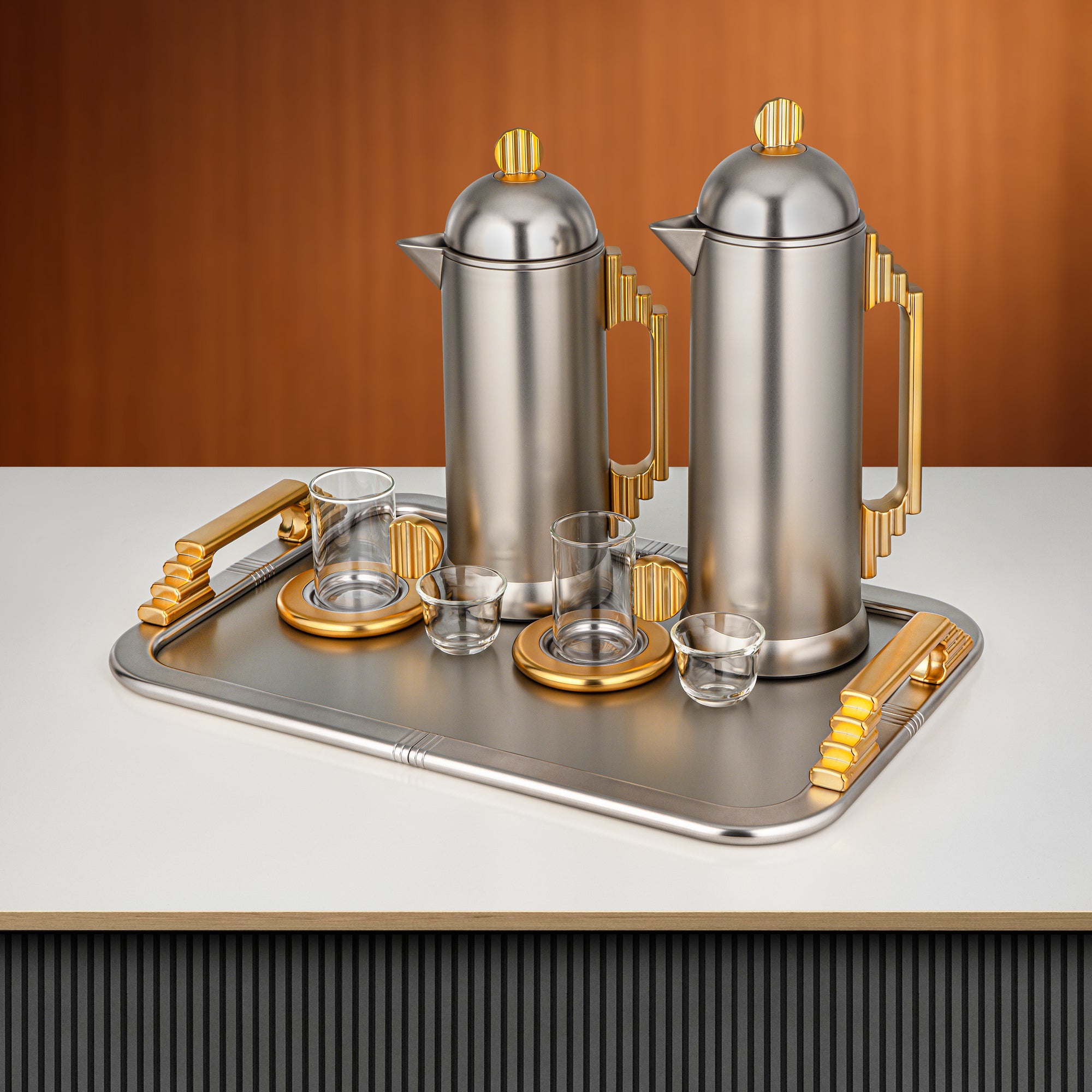 Almarjan Tea & Coffee Set 21 Pieces Matte Nickel & Gold