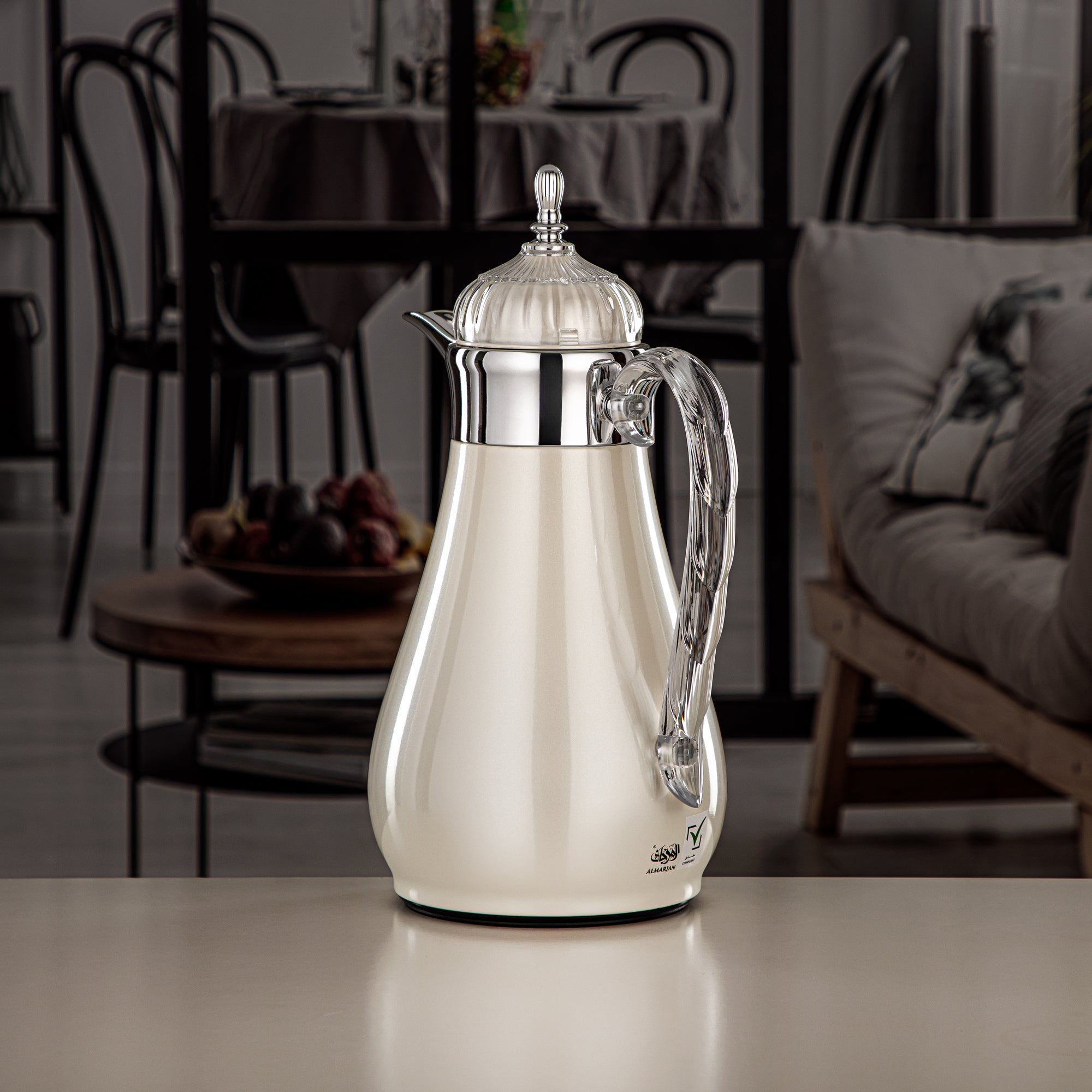 ألمرجان طقم ترامس، زر ضغط، 0.7 لتر + 1 لتر، أبيض لؤلؤي، فضي وشفاف (FG810-070/100 PW/C) - طقم ترمس أنيق
