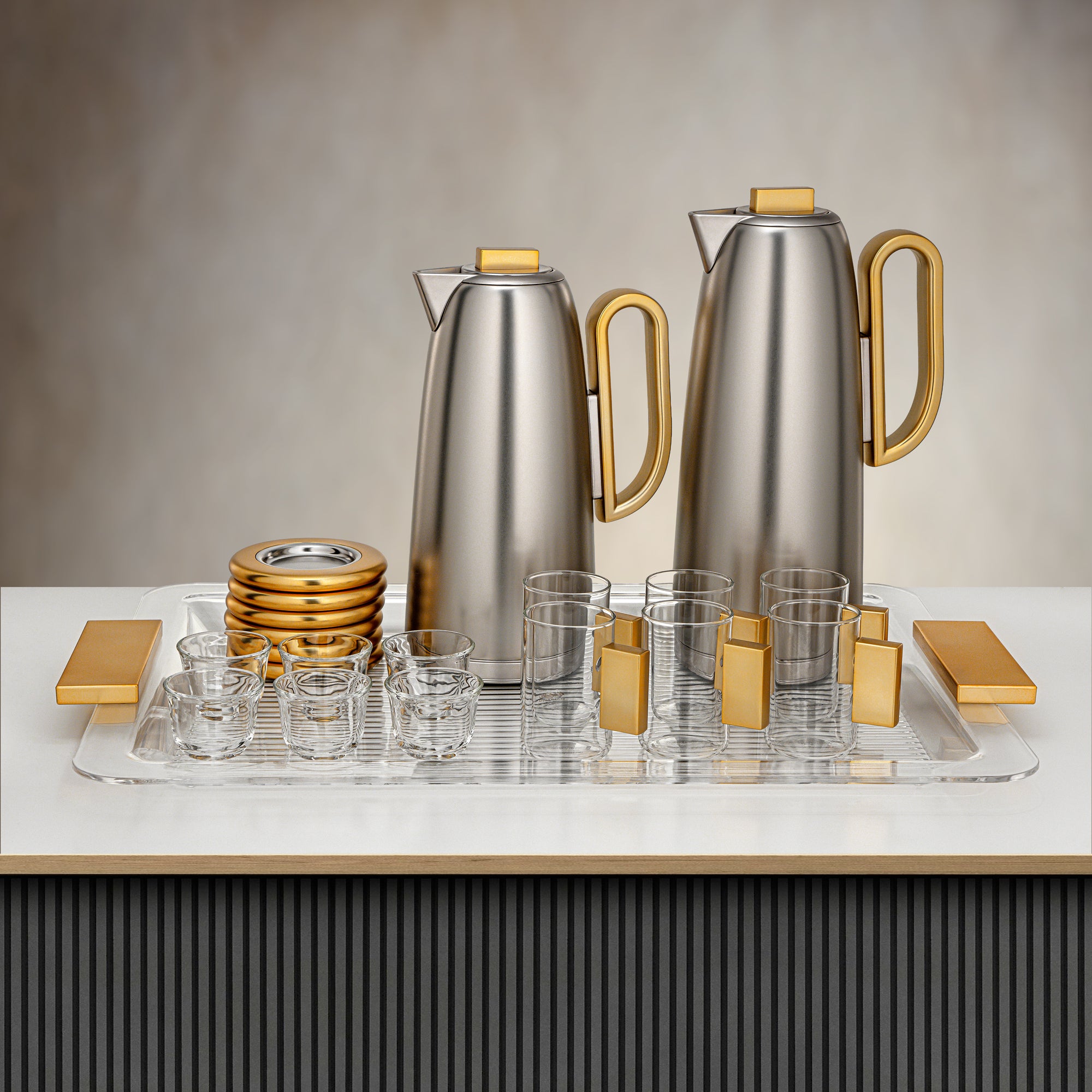 Almarjan Tea & Coffee Set 21 Pieces Matte Nickel & Gold