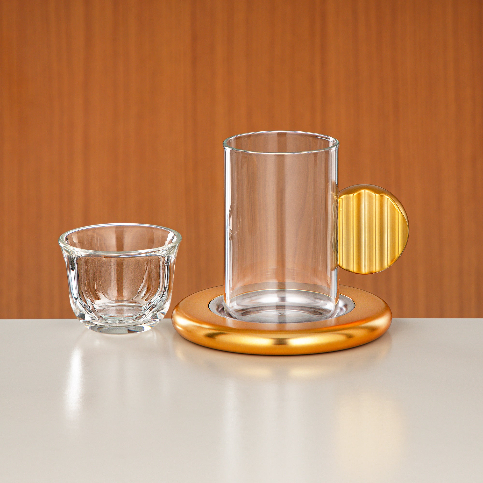 طقم شاي وقهوة المرجان 18 قطعة، نيكل ذهبي مطفي، أكواب زجاج بوريكسيلات، صحون تقديم ABS، موديل FG820-18 NI/MG