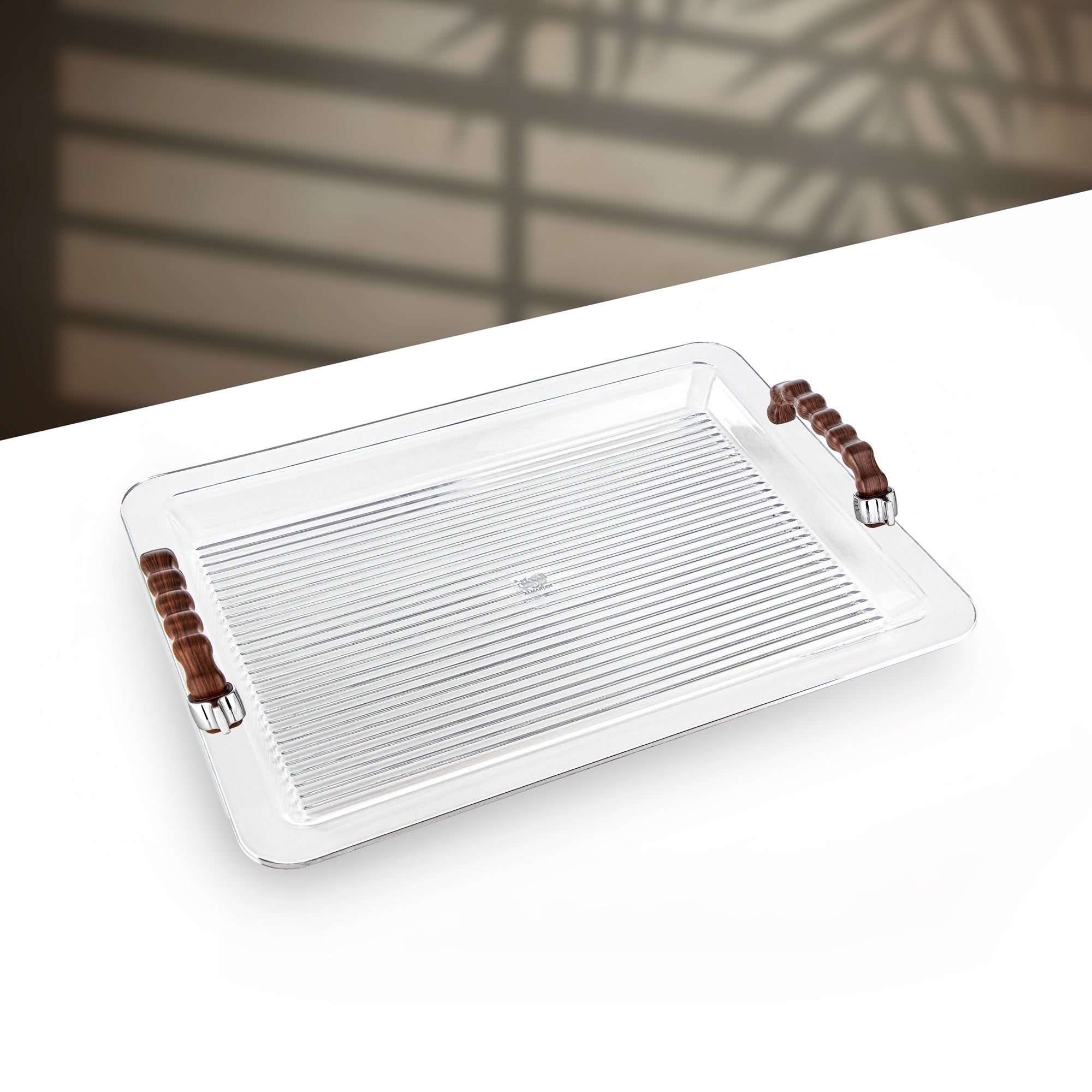 Almarjan 50 cm Acrylic Serving Tray, Silver & Dark wood