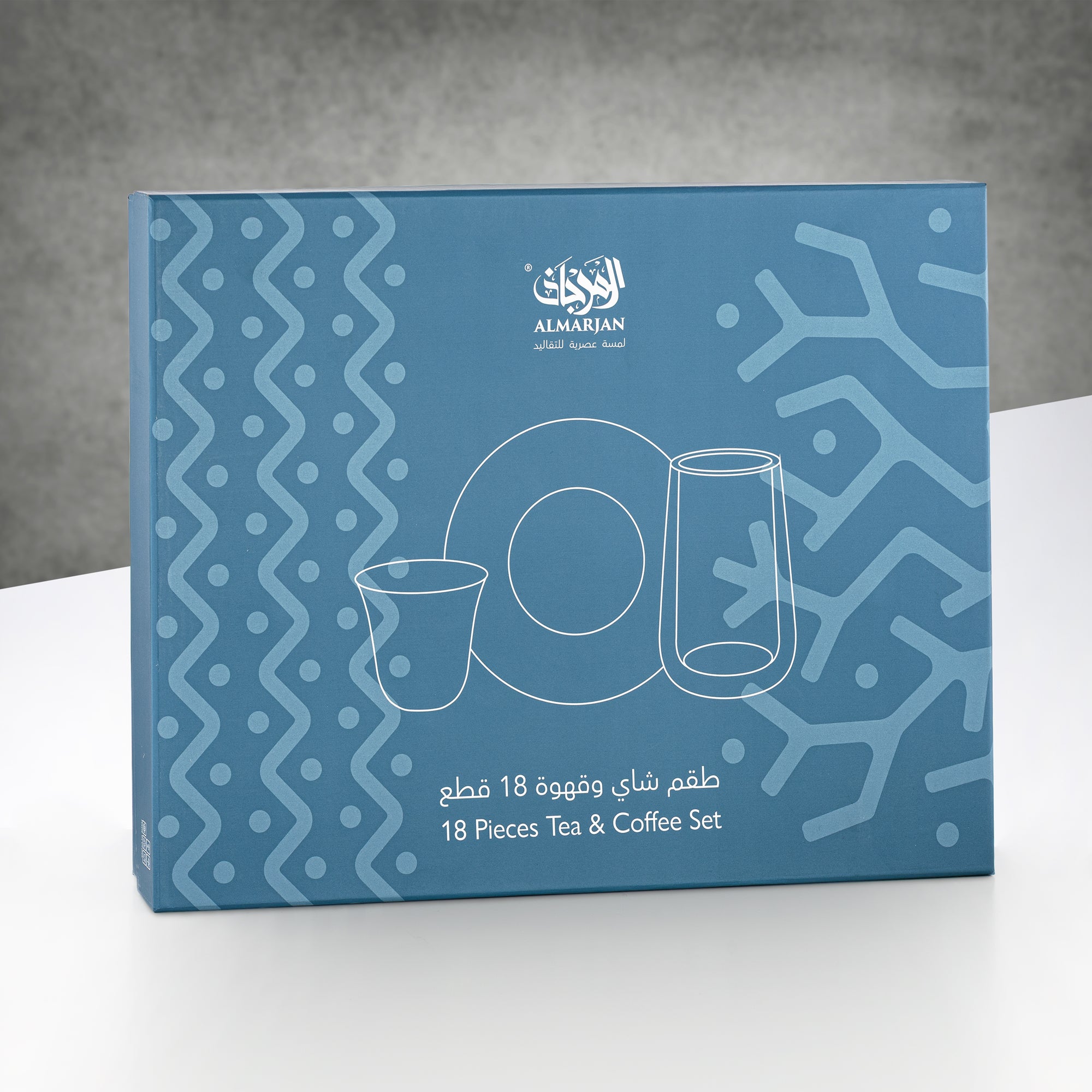 طقم أكواب الشاي والقهوة المرجان، ١٨ قطعة، شفاف بنقشة بيضاء وصحون تقديم سوداء اللون