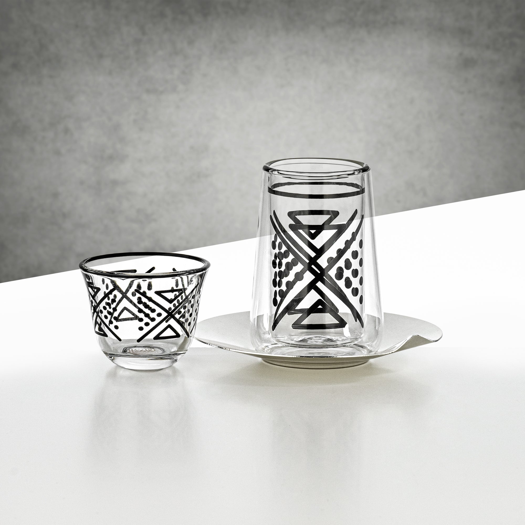 Almarjan Tea & Coffee Glass Set 18 Pieces Clear with Black Geometric Pattern