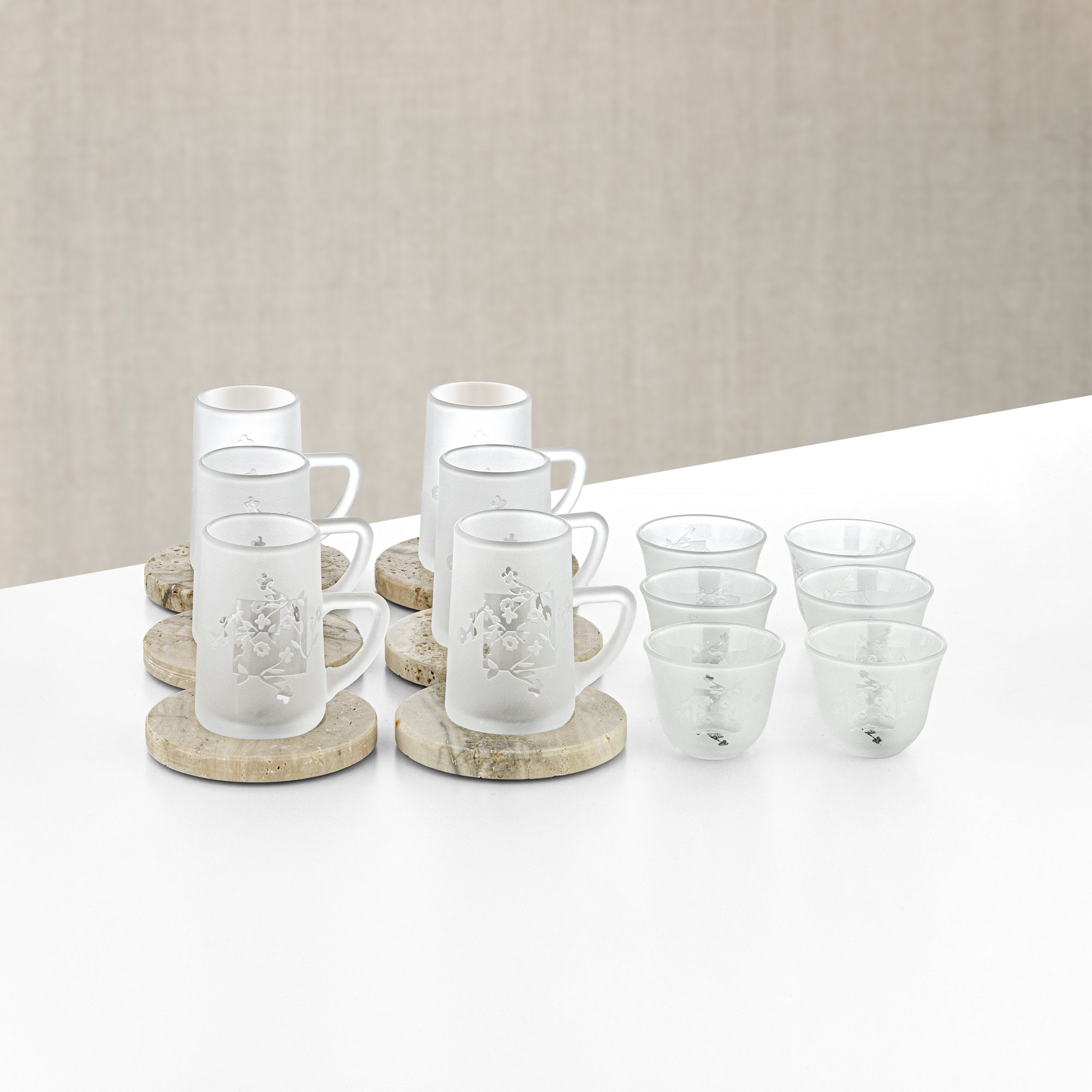 Almarjan Tea Set 18 Pieces Frosted Glass & Travertine