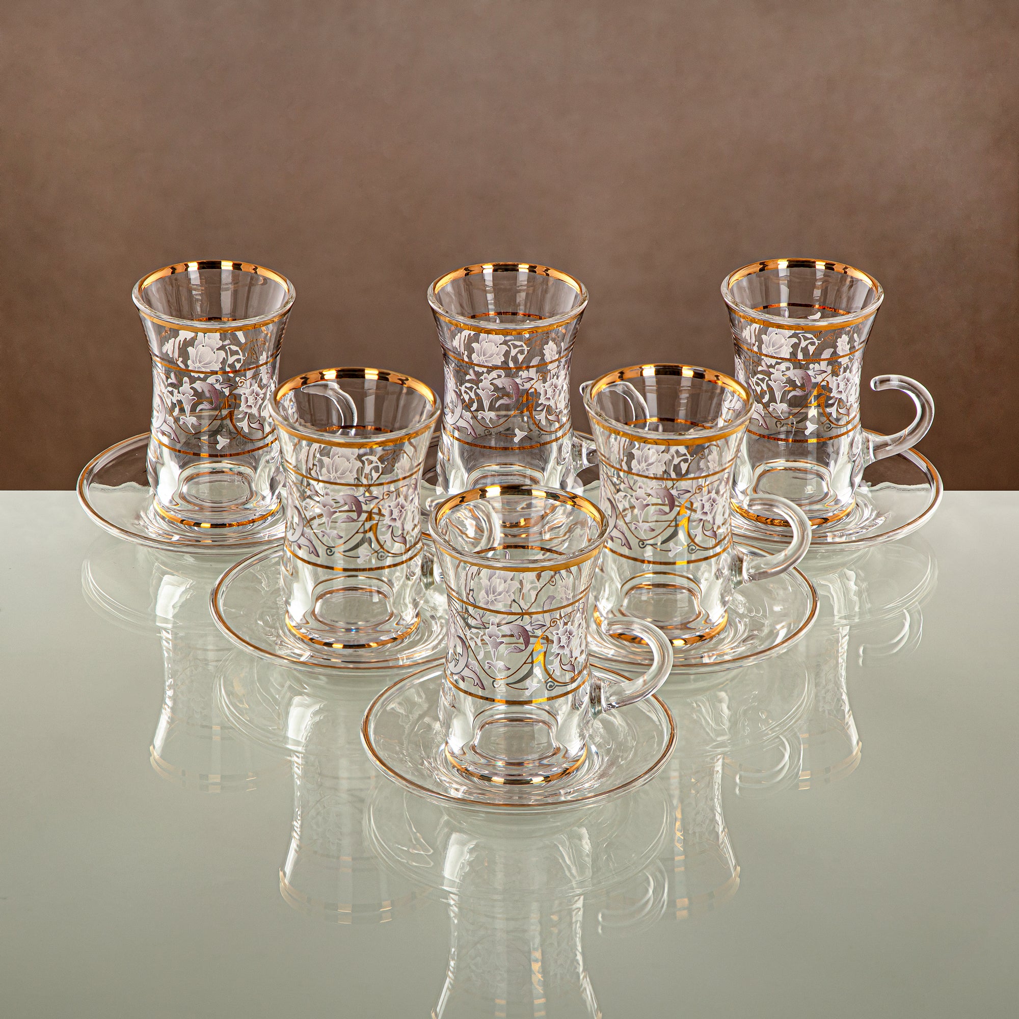 Almarjan Vacuum Flask & Tea/Coffee Glass Set – Matt Silver & Gold 2-Piece Flasks (0.7L & 1L) + 18-Piece Golden Pattern Glassware – Elegant Serving | Classic Collection