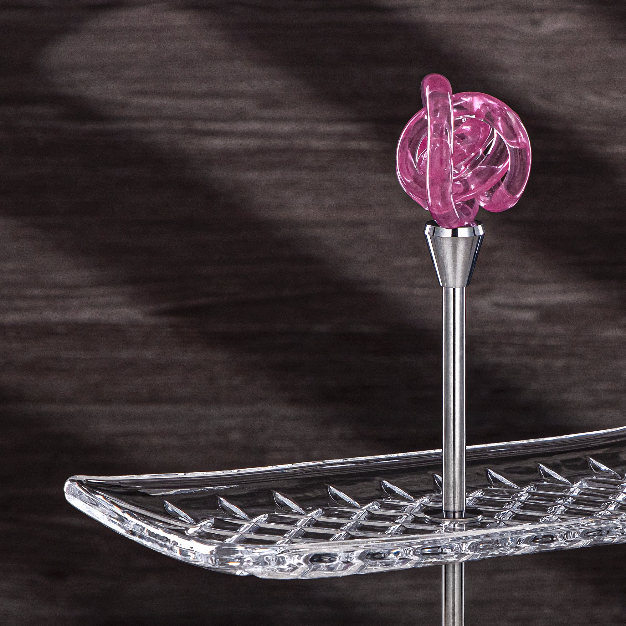 طقم تقديم المرجان زجاجي بطبقتين مستطيل شفاف مع عقدة وردية