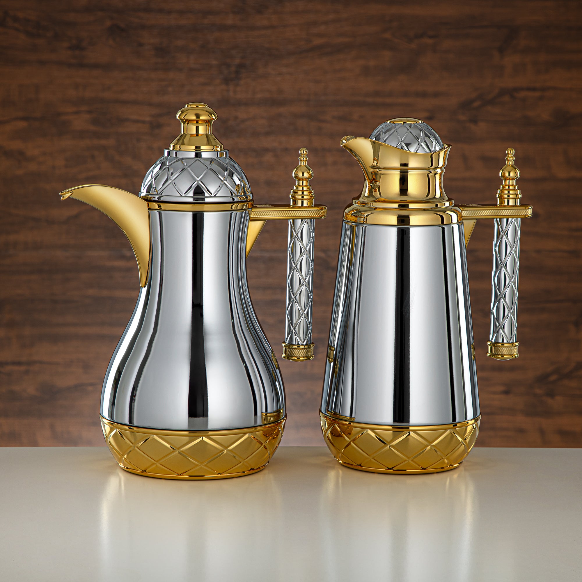 Almarjan Vacuum Flask Set, Push Button - 0.7L + 1L, Silver & Gold (CBY+CBZ-CEG) - Classic Vacuum Flasks