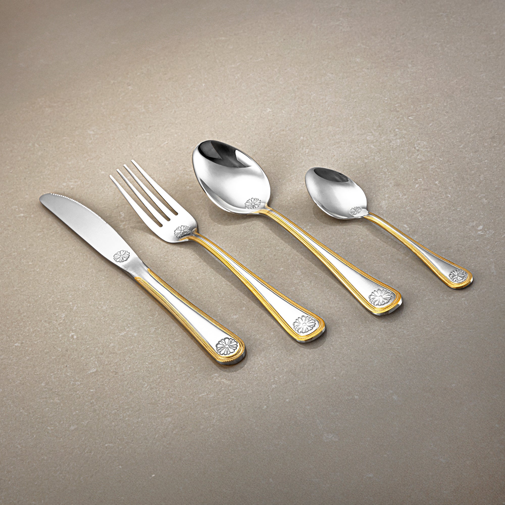 Almarjan Cutlery Set 24 Pieces, Stainless Steel, With Stand, Silver & Gold (CUT0010351) Elegant Cutlery Set