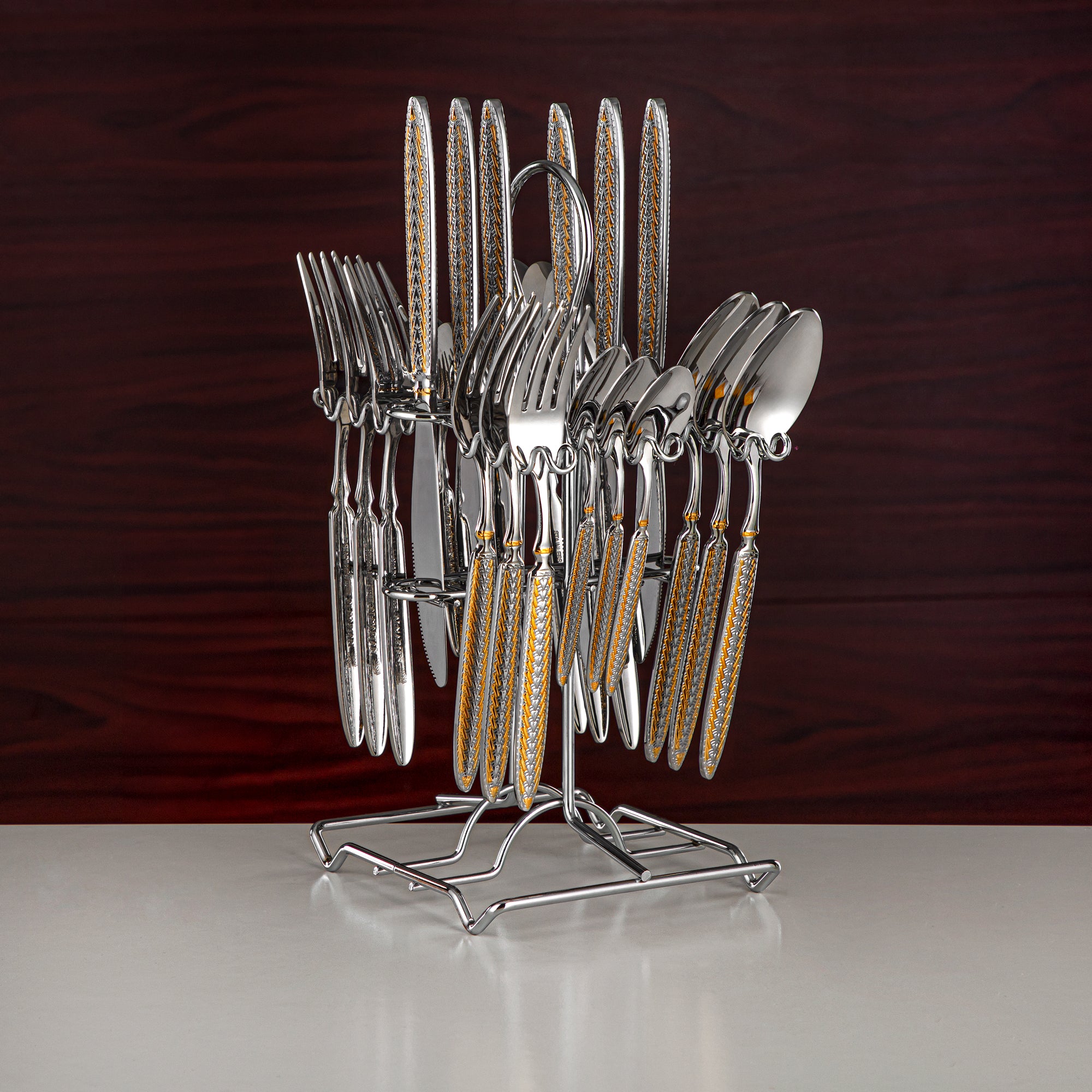 Almarjan Cutlery Set 24 Pieces, Stainless Steel, With Stand, Silver & Gold (CUT0010440) Elegant Cutlery Set