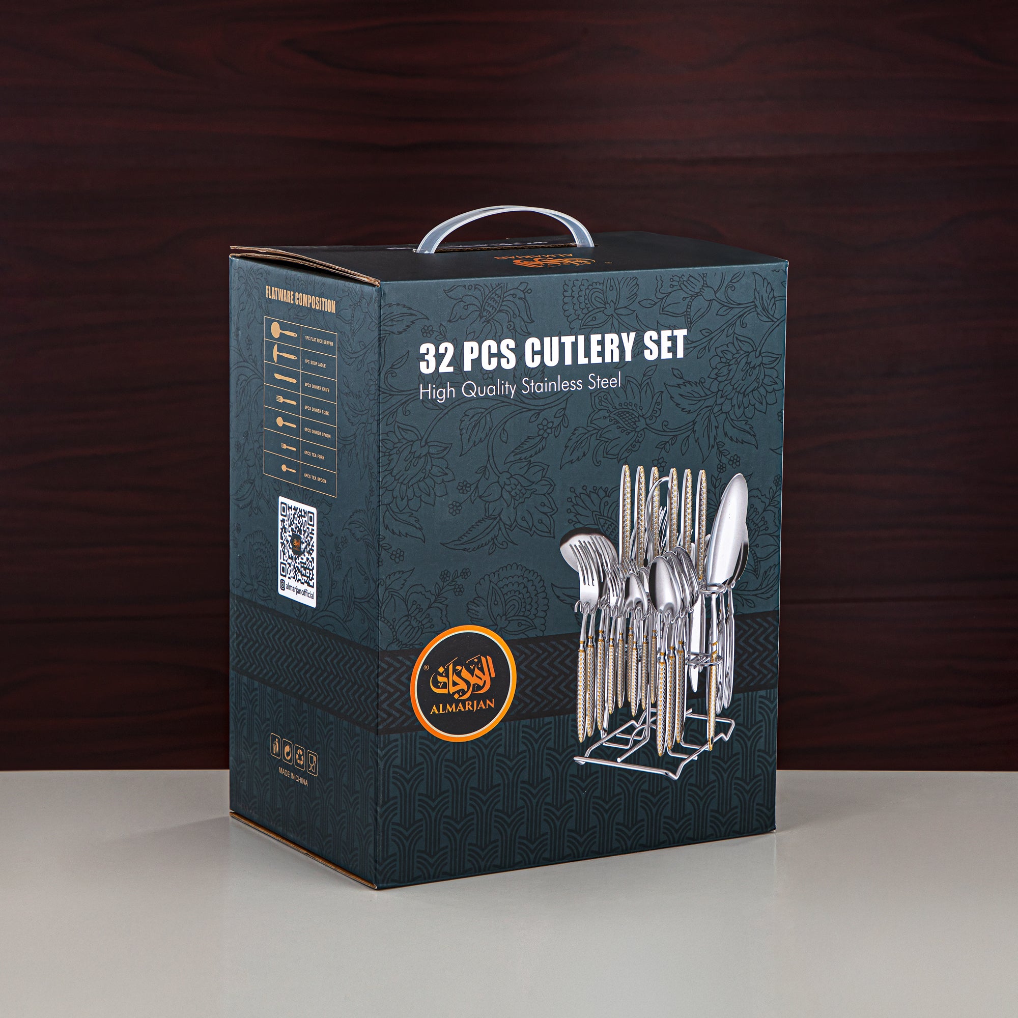 Almarjan Cutlery Set 32 Pieces, Stainless Steel, With Stand, Silver & Gold (CUT0010448) Elegant Cutlery Set
