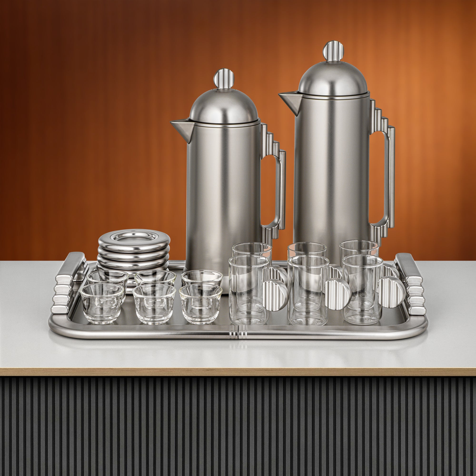 طقم شاي وقهوة المرجان 21 قطعة بلمسة نيكل مطفي