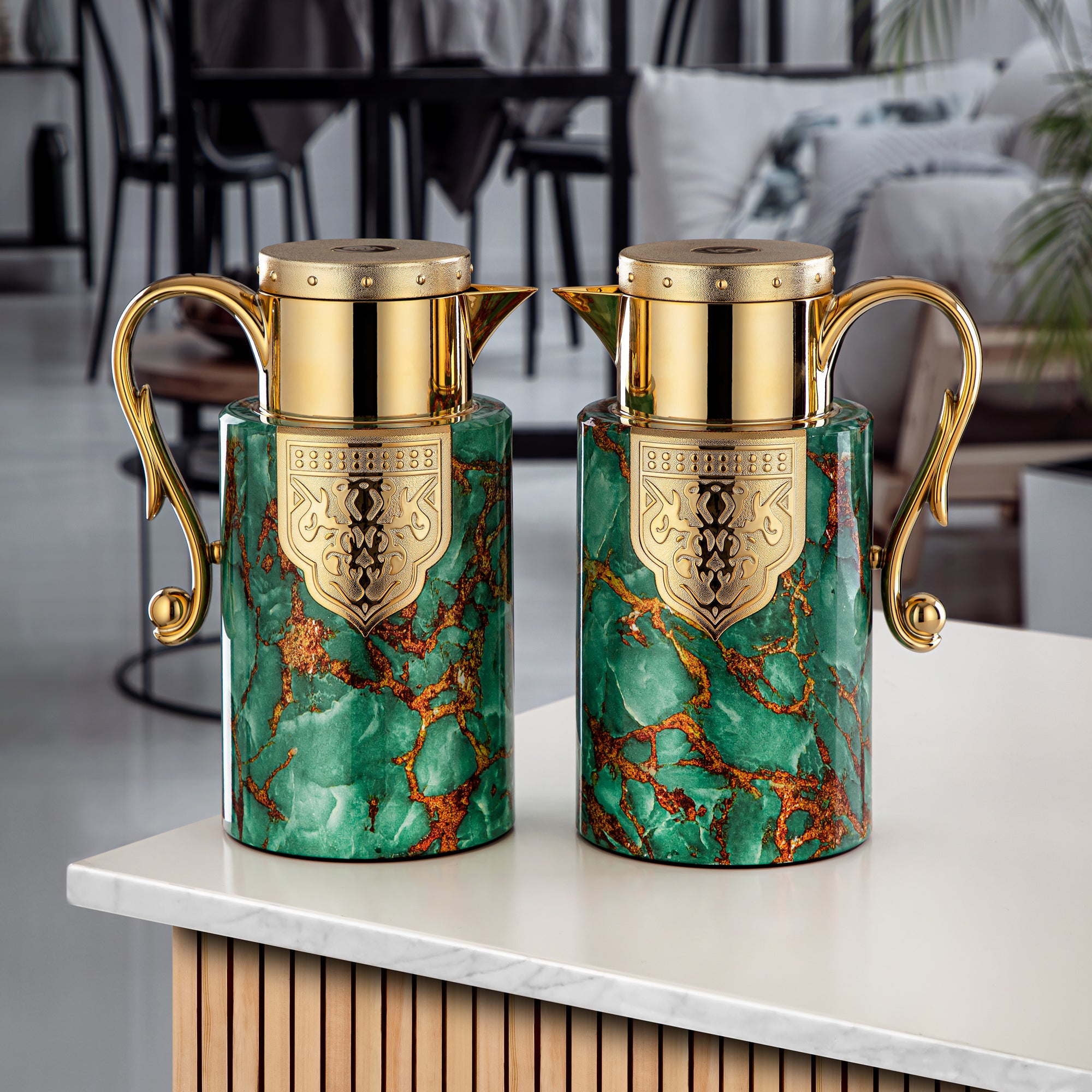 Almarjan 2 Pieces Vacuum Flask Set Green Marble & Gold - FG207 AB-100 SGMR/C