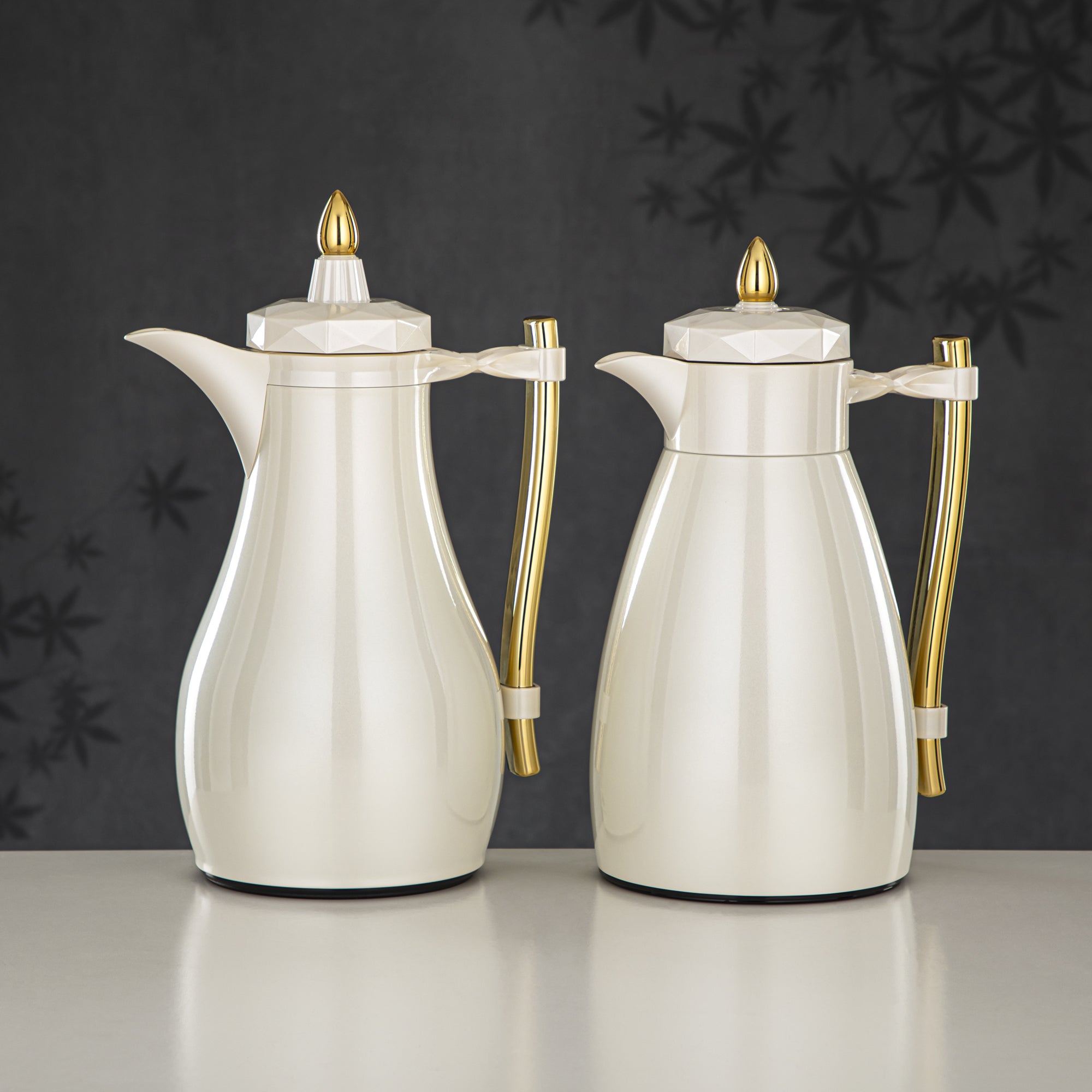 Almarjan Vacuum Flask Set, Push Button - 1L + 1L, Pearl White & Gold (FG806AB-100 PW/G) - Tea & Coffee Tradition