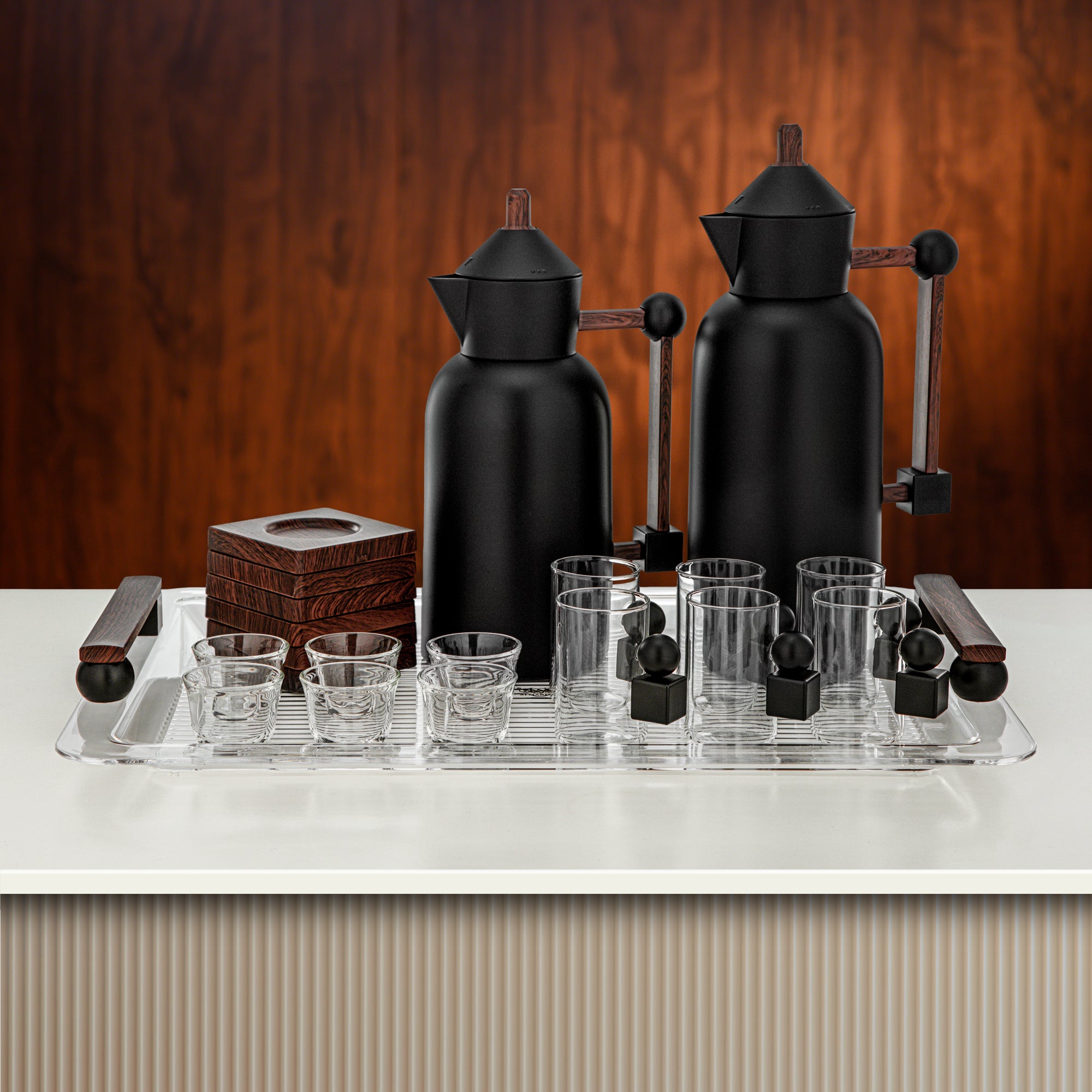 Almarjan Tea & Coffee Set 21 Pieces Matt Black with Dark Wood
