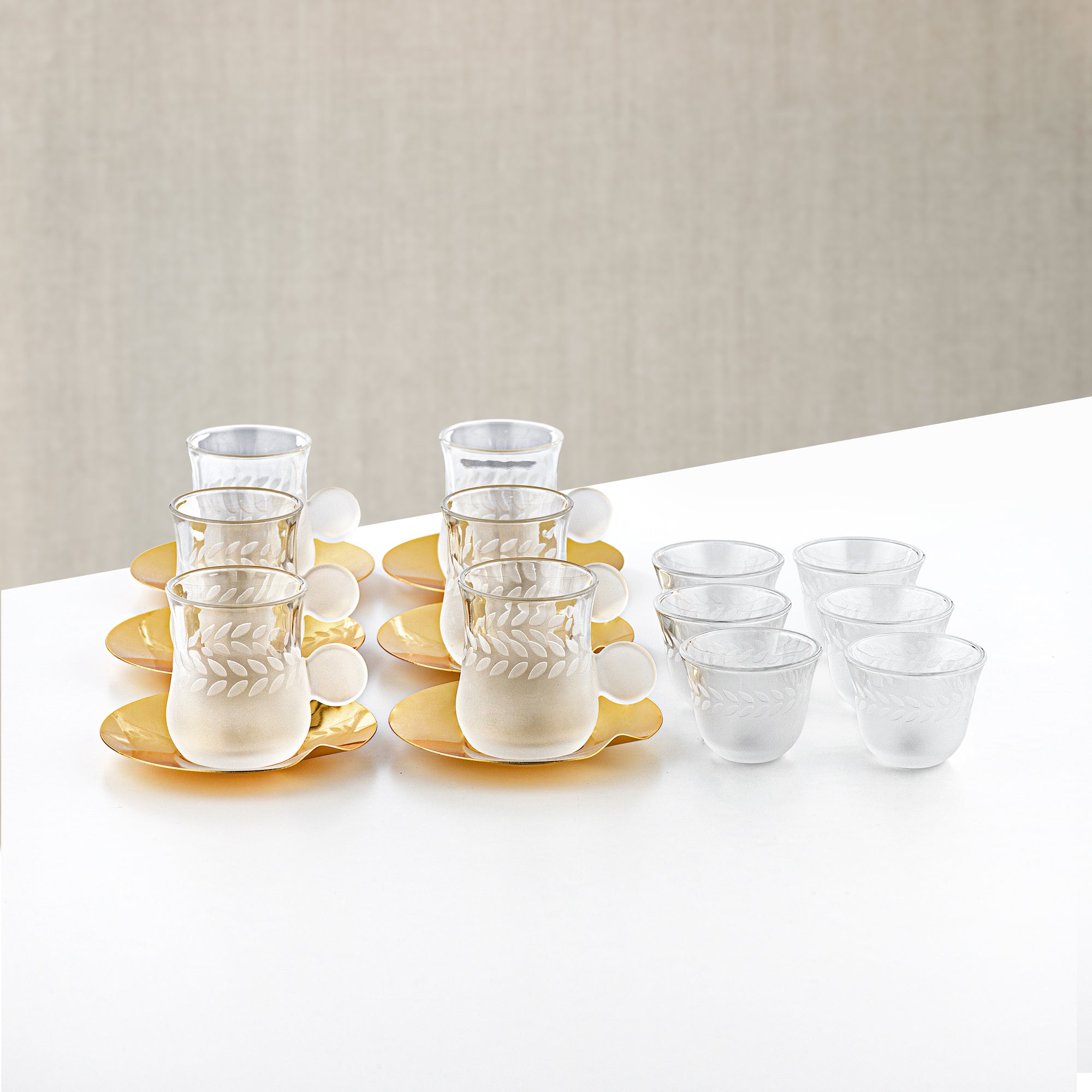 Almarjan Tea & Arabic Coffee Set 18 Pieces Frosted Glass & Gold Stainless Steel