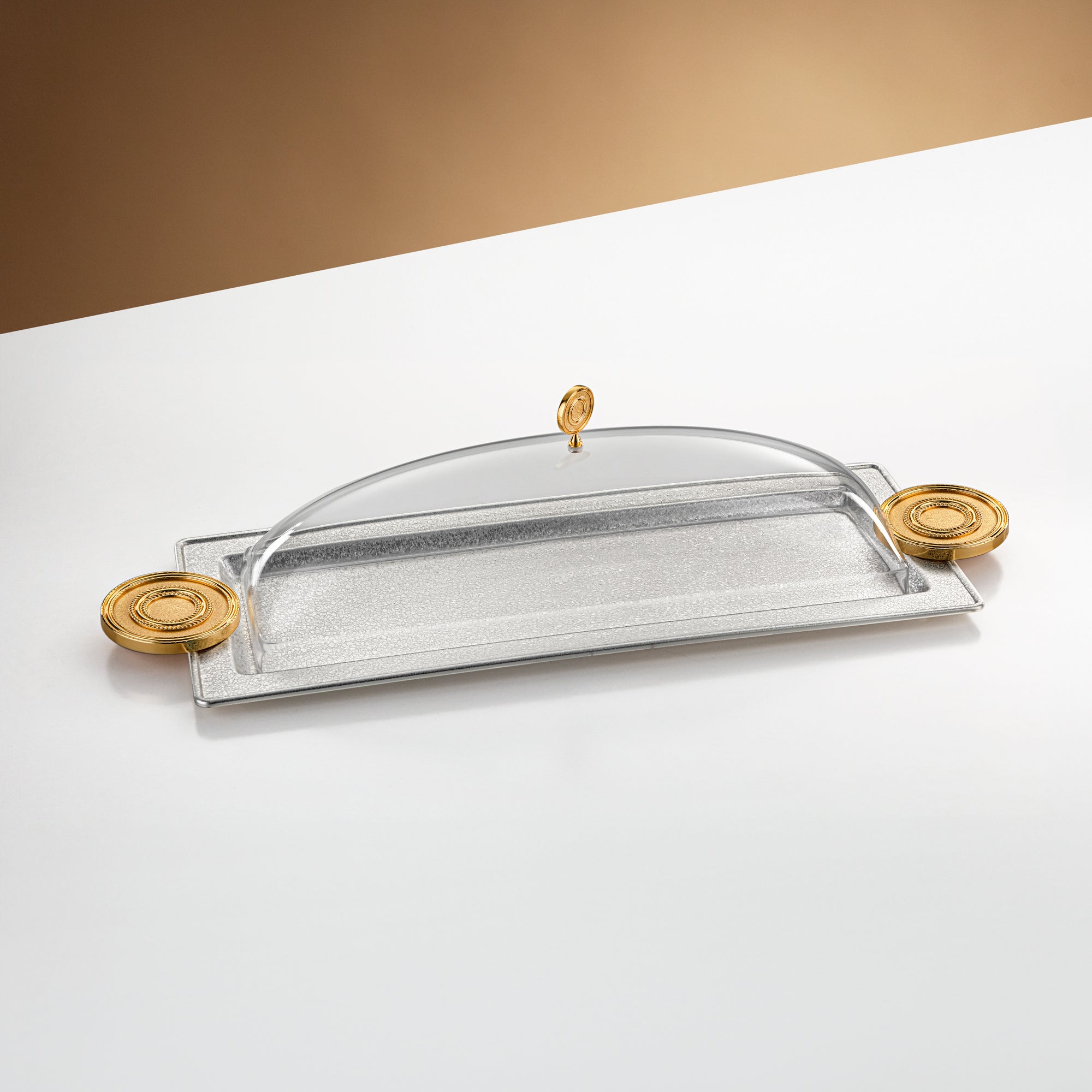 صينية تقديم المرجان مع غطاء 56 سم فضي وذهبي بتصميم متشقق