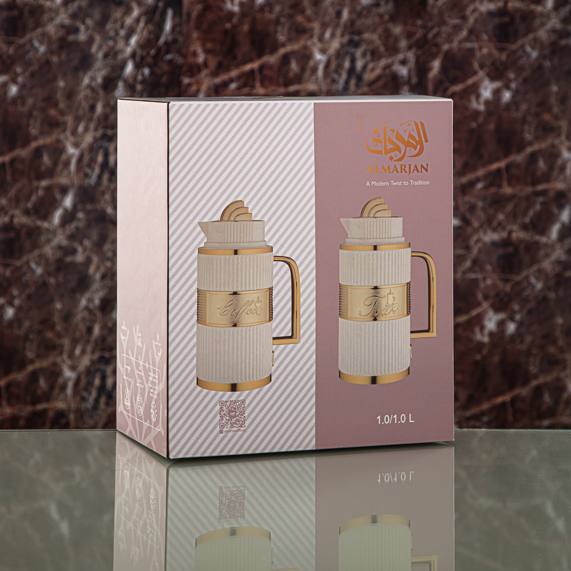 Almarjan Vacuum Flask Set, ABS, Push Button - 1L + 1L, Ivory & Silver (OUD-MIVYS) - Tea & Coffee