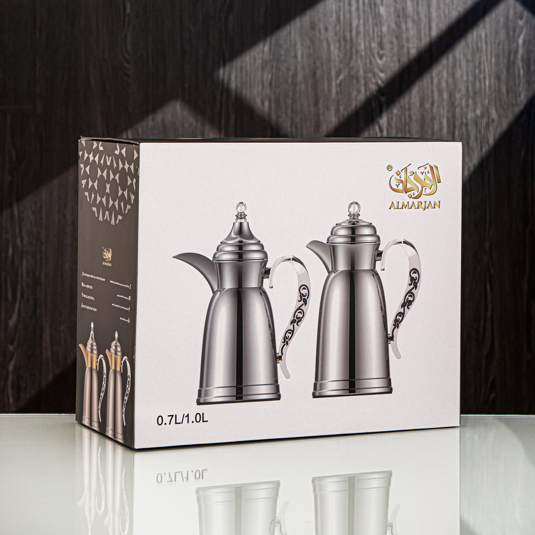 Almarjan Vacuum Flask Set for Tea & Coffee – Traditional Arabic Design, 0.7L & 1L, Silver Finish, Item #SM-2A29-070/100 C