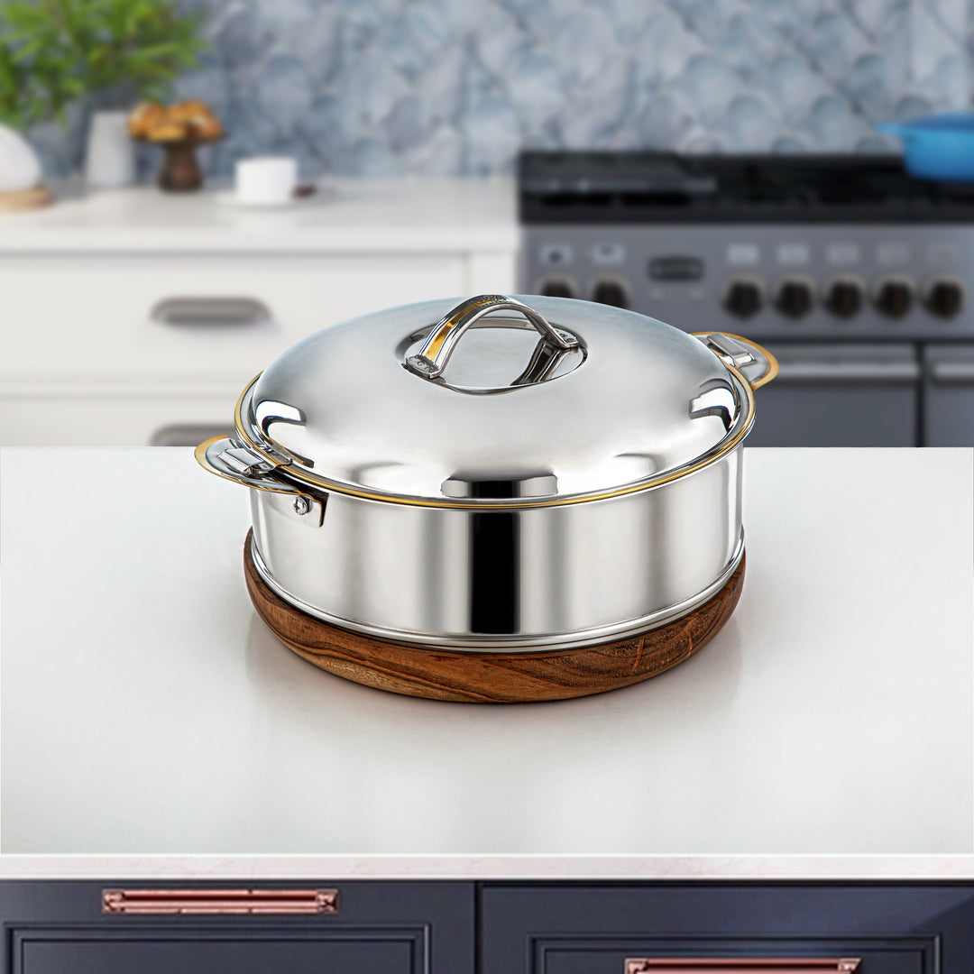 Almarjan 2500 ML Larin Collection Stainless Steel Hot Pot Silver & Wood - H24PG5