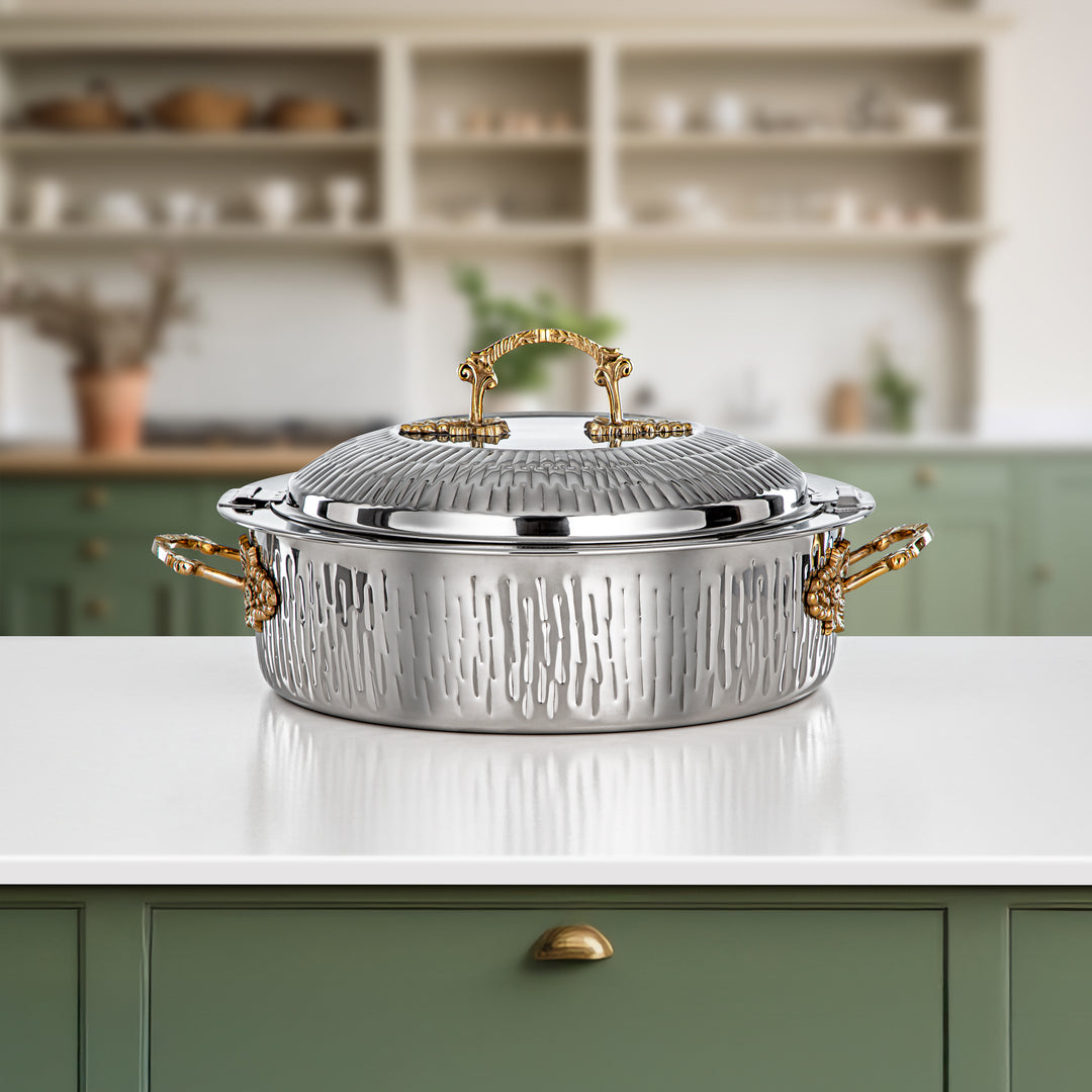 Almarjan Hot Pot Stainless Steel, Silver & Gold, Brass Handle 30CM (H25MG00) - Areej Collection, Ramadan & Eid