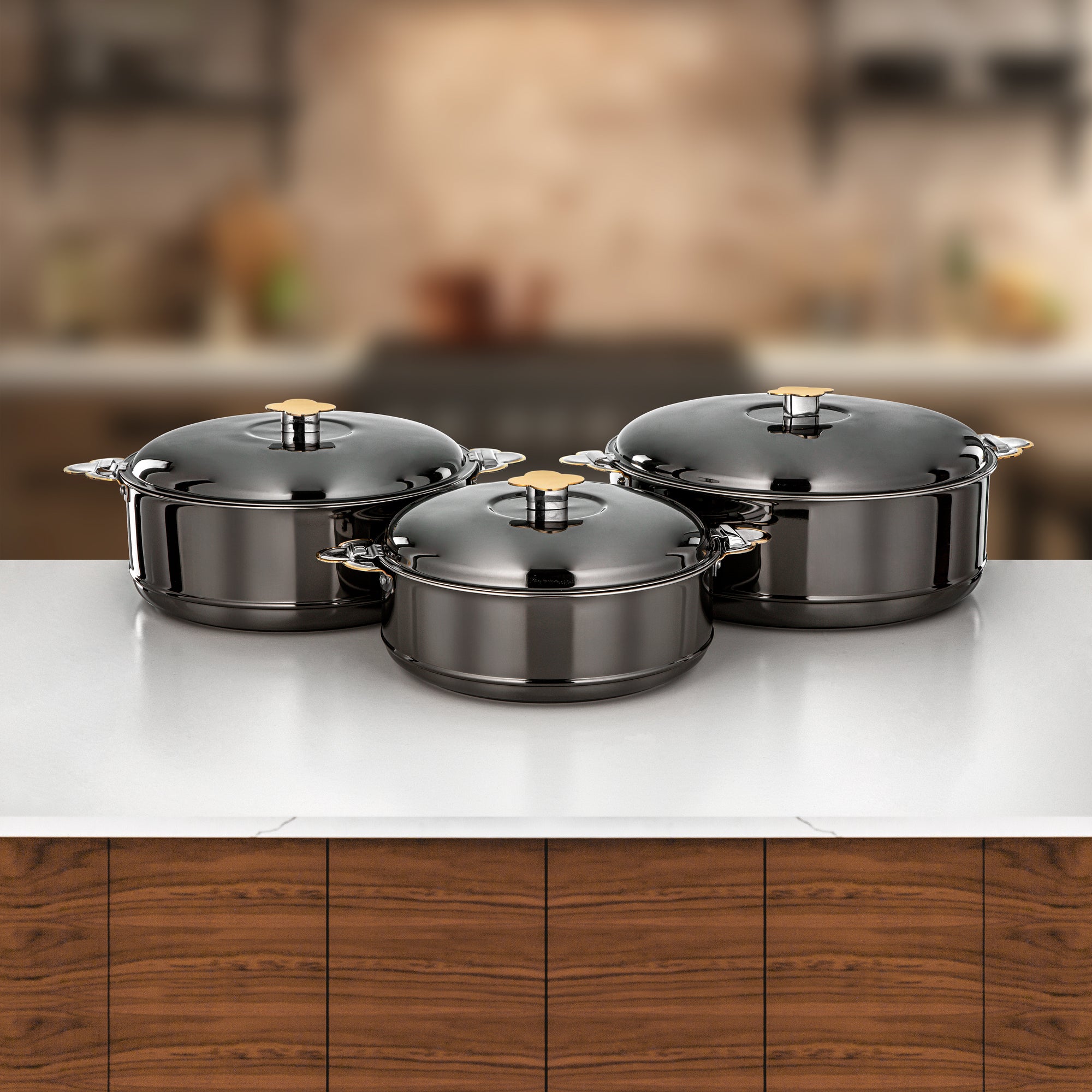 طقم حرارات المرجان فيدا، ٣ قطع بسعات ٣٫٥ لتر، ٥ لتر و٨ لتر، باللون الأسود الفحمي والذهبي