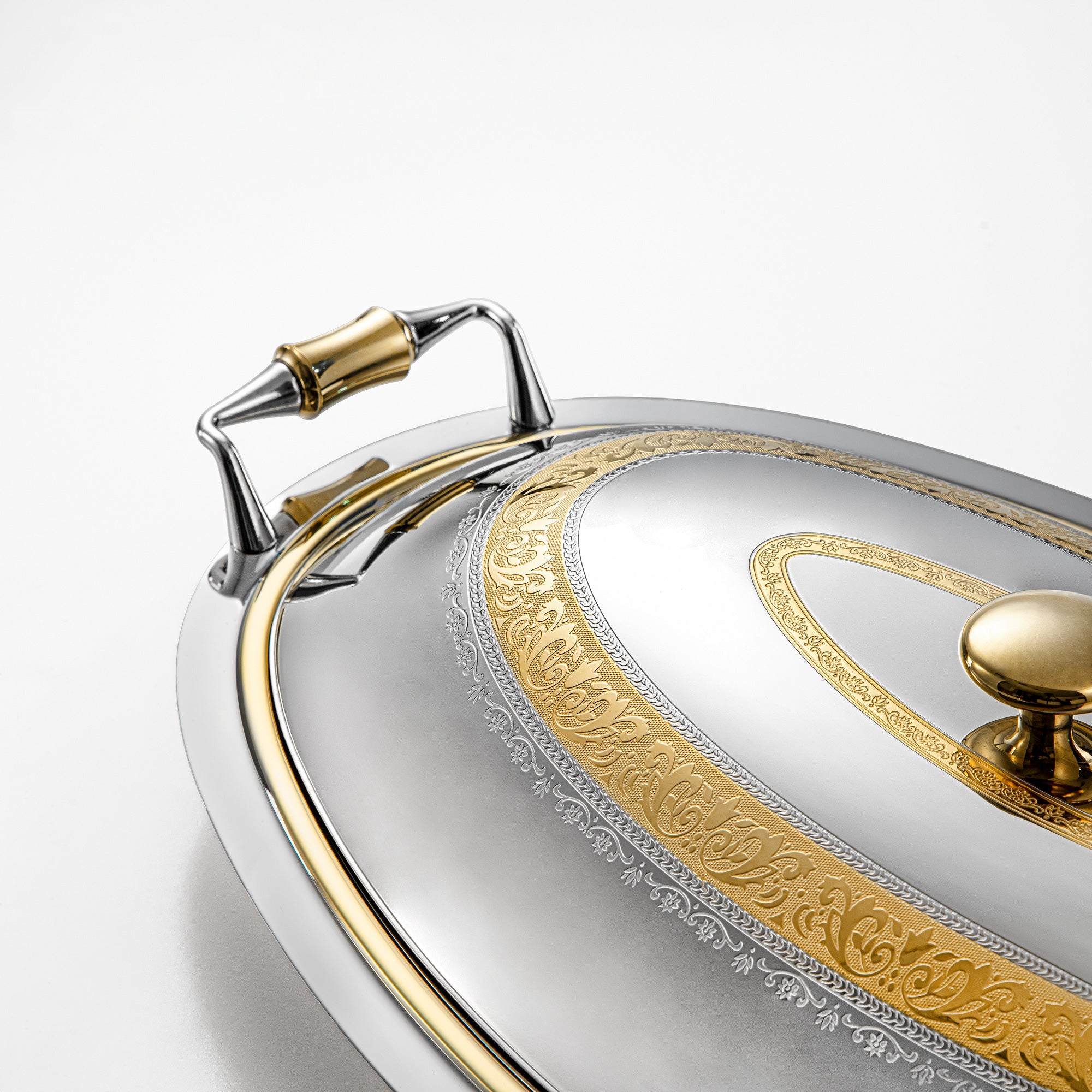 صينية تقديم بيضاوية مع غطاء المرجان 46 سم فضي وذهبي