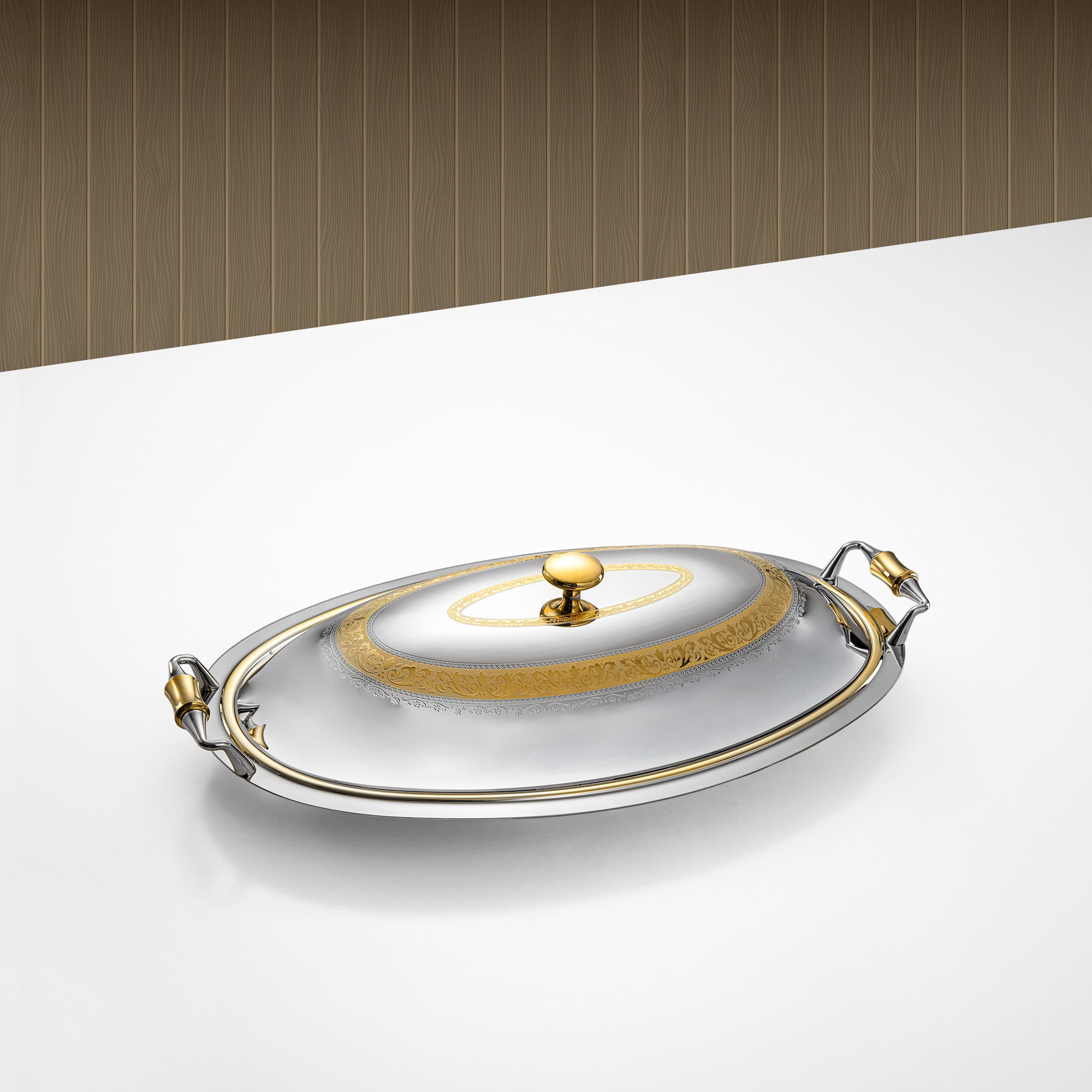 صينية تقديم بيضاوية مع غطاء المرجان 50 سم فضي وذهبي