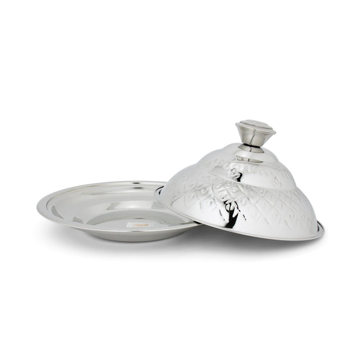 ALMARJAN 30 CM Roy Collection Round Stainless Steel Koozy Tray With Cover Silver STS0292329 Opened Cover