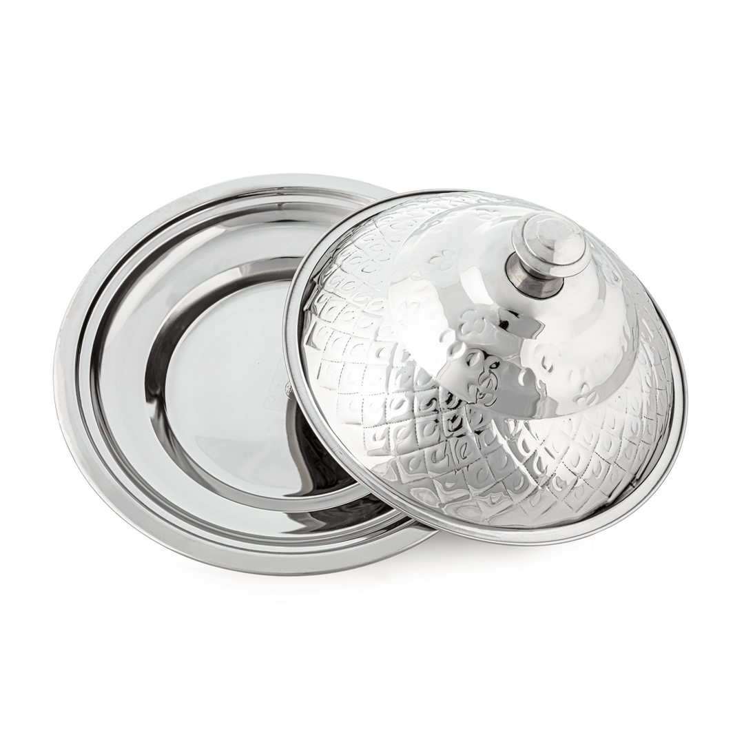 ALMARJAN 30 CM Roy Collection Round Stainless Steel Koozy Tray With Cover Silver STS0292329